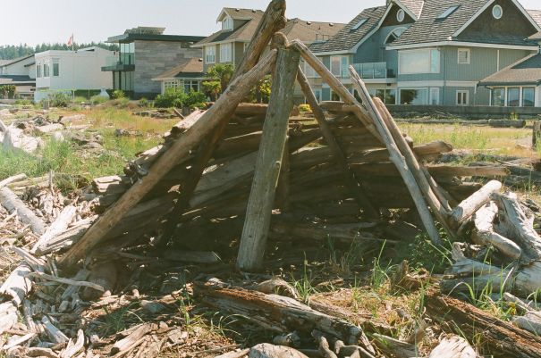 driftwood stacked up in a teepee