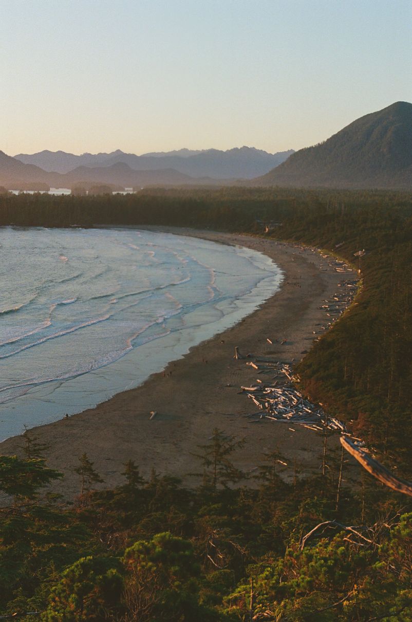 yay pretty beach at sunset from a mountaintop vantage point